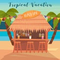 Tropical Vacation Banner with Beach Bar and Palm Trees