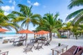 Tropical vacation beach resort view with palm trees Royalty Free Stock Photo