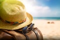 Tropical vacation essentials: Straw hat, beach bag and sun glasses on a sandy beach. created with Generative AI Royalty Free Stock Photo