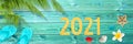 2021 on tropical vacation panoramic background with palm tree and seashells new year greeting card Royalty Free Stock Photo