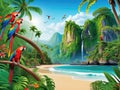 tropical vacation paradise with parrots roosting and flying Royalty Free Stock Photo