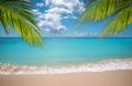 Tropical vacation paradise with white sandy beaches and swaying palm trees. Royalty Free Stock Photo