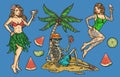 Tropical vacation set colorful emblem