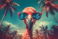 tropical summer animal bird flamingo hipster pink feather party sunglasses. Generative AI. Royalty Free Stock Photo
