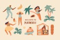 Tropical vacation tourism illustrations set with people in the beach. Hawaiian culture graphic collection.