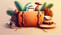 Tropical vacation travel realistic composition with retro brown leather suitcase and palm leaves illustration