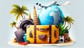 Tropical vacation travel realistic composition with retro brown leather suitcase and palm leaves illustration