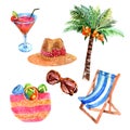 Tropical vacation travel watercolor icons set