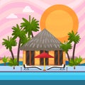 Tropical vacation vector illustration. Summer bungalow house near water pool seaside shore. Sunbeds, umbrella, palm Royalty Free Stock Photo