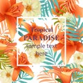 Tropical vector floral card. Summerl template design with palm leaves and exotic flowers Royalty Free Stock Photo