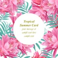 Tropical vector floral round card. Summerl template design with palm leaves and exotic flowers Royalty Free Stock Photo