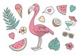 Tropical vector illustration set with cute cartoon style pink Flamingo bird, Palm and Monstera leaf, hearts, coconut, sunglasses, Royalty Free Stock Photo