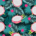 Tropical vector pattern with dragon fruit and jungle leaves Royalty Free Stock Photo