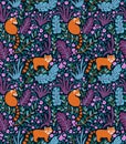 Tropical vector seamless pattern with rainforest plants and red pandas. Stylish trendy design. Royalty Free Stock Photo