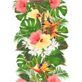 Tropical vertical border seamless background Bouquet with tropical flowers pink and yellow hibiscus and Strelitzia palm,philodendr Royalty Free Stock Photo