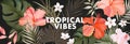 Tropical vibes hibiscus, royal palm, plumeria flowers hawaii exotic print. Summer Wide horisontal website banner, vector.
