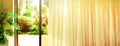 Tropical view background. Summer, travel, vacation and holiday concept. Open window, door and white curtain with blurred Royalty Free Stock Photo