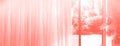 Tropical view background. Summer, travel, vacation and holiday concept in trendy coral color. Open window, door and white curtain Royalty Free Stock Photo