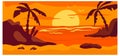 Tropical view landscape, hot country wild beach red sunset concept woodland background nature banner cartoon vector