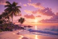 Tropical Place with Palm Trees, Beach, Sea, Flowers, Sky and Sunset Royalty Free Stock Photo