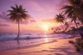 Tropical Wallpaper with Palm Trees, Beach, Sea, Flowers, Sky and Tropical Sunset Royalty Free Stock Photo