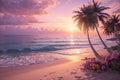 Tropical View with Palm Trees, Beach, Sea, Flowers, Sky and Sunset Royalty Free Stock Photo