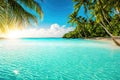 Tropical view with palm trees and beautiful turquoise sea and beach with white sand, tropical vacation landscape. Generative Ai Royalty Free Stock Photo