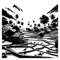 Tropical Village Amidst Rice Terraces and Mountains Black and White Vector Royalty Free Stock Photo