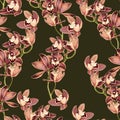 Tropical vintage beige brown orchid flower seamless pattern, darck green background.