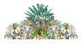 Tropical vintage botanical island. Watercolor border with safari animals and palm trees. Royalty Free Stock Photo