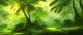 Tropical vintage botanical landscape, palm tree, vegetable flower border background. Exotic green jungle background