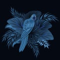 Tropical Vintage Palm Leaves, Banana Leaves, Macaw Parrot, Pattern Black Background. Exotic Jungle Wallpaper