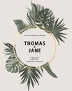 Tropical vintage Safari leaves with gold frame isolateed vector. Jungle exotic rainforest palm leaves save the date card, Royalty Free Stock Photo