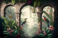 Tropical wall arch wallpaper palm trees birds and parro