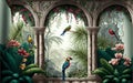 Tropical wall arch wallpaper palm trees birds and parro