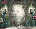 Tropical wall arch wallpaper palm trees birds and parro