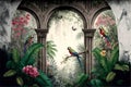 Tropical wall arch wallpaper palm trees birds and parro