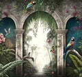 Tropical wall arch wallpaper palm trees birds and parro