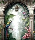 Tropical wall arch wallpaper palm trees birds and parro