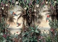 Tropical wall arch wallpaper palm trees, birds parrot in the forest land escape with flying butterflies