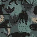 Tropical wallpaper with black Panthers in jungle