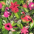 Tropical wallpaper with exotic flowers and leaves and pink flamingo for fabric, textile, wrapping paper, greeting card, invitation Royalty Free Stock Photo