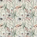 Tropical watercolor birds hummingbird, monkey and jaguar, exotic jungle plants palm banana leaves flowers, flamingo pastel color