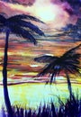 Tropical watercolor illustration palms sunset sea Royalty Free Stock Photo