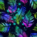 Tropical watercolor pattern with rich colored palm leaves and blotches of paint Royalty Free Stock Photo