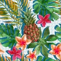 Tropical watercolor pineapple, flowers and leaves with shadows Royalty Free Stock Photo