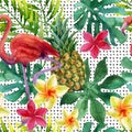 Tropical watercolor pineapple, flowers and leaves with shadows Royalty Free Stock Photo