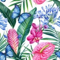 Tropical watercolor plants. Seamless floral pattern, butterflies, flower and palm leaves