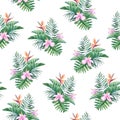 Tropical watercolor seamless pattern with bouquets of exotic flowers. Royalty Free Stock Photo