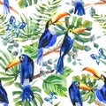 Tropical watercolor seamless pattern with toucan, exotic green l Royalty Free Stock Photo